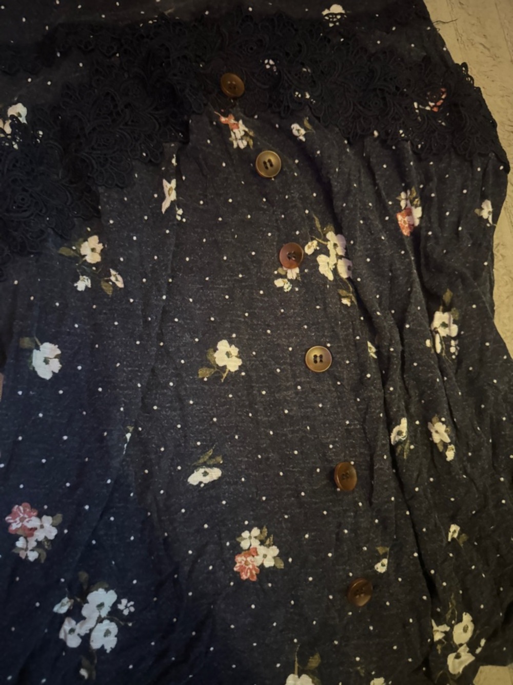 Maurices Navy Floral Dot Button-Front Top with Lace Yoke